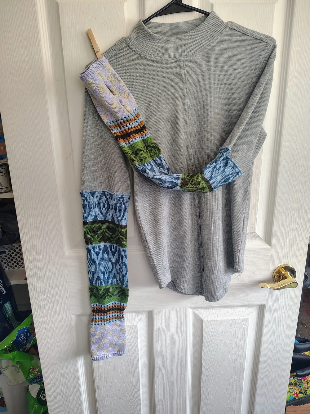 We The Free Grey Mock Neck Sweater with Patterned Blue & Green Sleeves